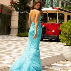 In Stock Primavera Couture 3749 Size 0 Ivory Sequined Prom Dress V Neckline Sweeping Train Evening Gown Backless Dresses