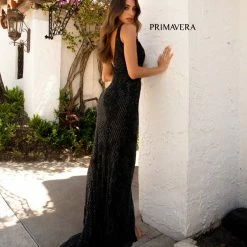 Sequin Dresses Primavera Couture 3750 Beaded Prom Dress Floor Length V Neckline Mid Back Slit