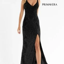 Sequin Dresses Primavera Couture 3750 Beaded Prom Dress Floor Length V Neckline Mid Back Slit