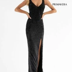 Sequin Dresses Primavera Couture 3750 Beaded Prom Dress Floor Length V Neckline Mid Back Slit