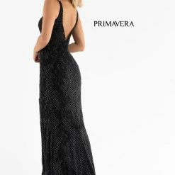 Sequin Dresses Primavera Couture 3750 Beaded Prom Dress Floor Length V Neckline Mid Back Slit