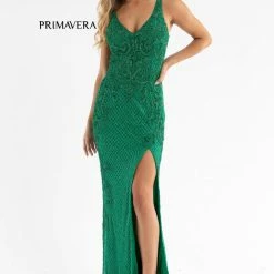 Sequin Dresses Primavera Couture 3750 Beaded Prom Dress Floor Length V Neckline Mid Back Slit