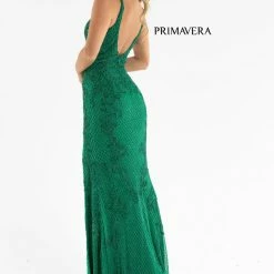 Sequin Dresses Primavera Couture 3750 Beaded Prom Dress Floor Length V Neckline Mid Back Slit