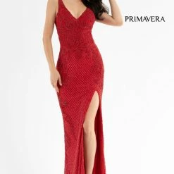 Sequin Dresses Primavera Couture 3750 Beaded Prom Dress Floor Length V Neckline Mid Back Slit