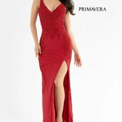 Sequin Dresses Primavera Couture 3750 Beaded Prom Dress Floor Length V Neckline Mid Back Slit