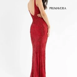 Sequin Dresses Primavera Couture 3750 Beaded Prom Dress Floor Length V Neckline Mid Back Slit