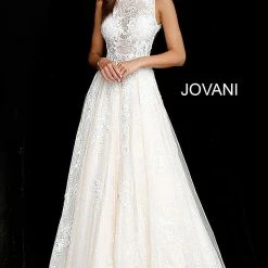 Ballgown Dresses Jovani 37504 White Nude Embroidered Sheer Bodice Prom Dress