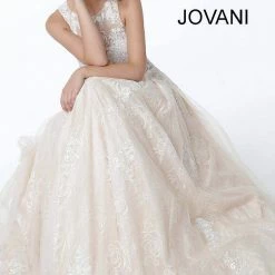 Ballgown Dresses Jovani 37504 White Nude Embroidered Sheer Bodice Prom Dress