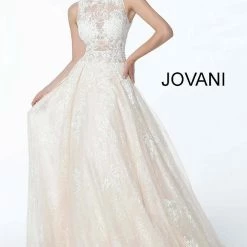 Ballgown Dresses Jovani 37504 White Nude Embroidered Sheer Bodice Prom Dress