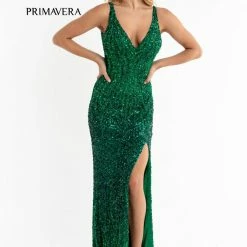 Primavera Couture 3751 Sequined Prom Dress Evening Gown V Neckline V Back Slit Train Backless Dresses