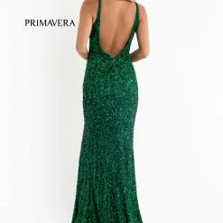 Primavera Couture 3751 Sequined Prom Dress Evening Gown V Neckline V Back Slit Train Backless Dresses