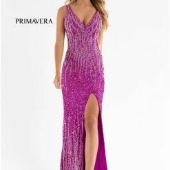 Primavera Couture 3751 Sequined Prom Dress Evening Gown V Neckline V Back Slit Train Backless Dresses