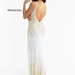 Primavera Couture 3751 Sequined Prom Dress Evening Gown V Neckline V Back Slit Train Backless Dresses