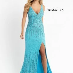 Primavera Couture 3751 Sequined Prom Dress Evening Gown V Neckline V Back Slit Train Backless Dresses