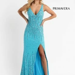 Primavera Couture 3751 Sequined Prom Dress Evening Gown V Neckline V Back Slit Train Backless Dresses