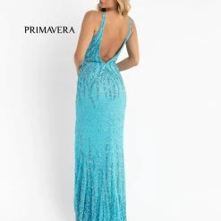 Primavera Couture 3751 Sequined Prom Dress Evening Gown V Neckline V Back Slit Train Backless Dresses