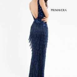 In Stock Primavera Couture 3752 Fringe Skirt Prom, Pageant, Evening Dress Fuchsia Size 8 V Neckline Backless Backless Dresses