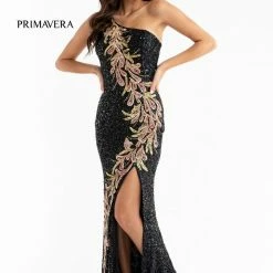 Primavera Couture 3753 One Shoulder Sequined Prom Dress Backless Slit Evening Gown