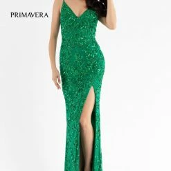 Primavera Couture 3754 Prom Dress Sequins V Neckline Evening Gown Backless Slit Train