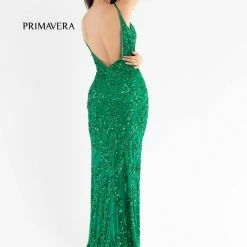Primavera Couture 3754 Prom Dress Sequins V Neckline Evening Gown Backless Slit Train