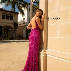 In Stock Primavera Couture 3754 Size 4 Fuchsia Prom Dress Sequins V Neckline Evening Gown Backless Slit Train 36 In Stock Primavera Couture 3754 Size 4 Fuchsia Prom Dress Sequins V Neckline Evening Gown Backless Slit Train