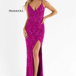 Primavera Couture 3754 Prom Dress Sequins V Neckline Evening Gown Backless Slit Train