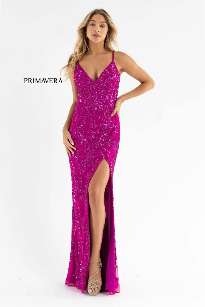 In Stock Primavera Couture 3754 Size 4 Fuchsia Prom Dress Sequins V Neckline Evening Gown Backless Slit Train 21 In Stock Primavera Couture 3754 Size 4 Fuchsia Prom Dress Sequins V Neckline Evening Gown Backless Slit Train