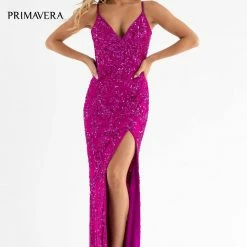 In Stock Primavera Couture 3754 Size 4 Fuchsia Prom Dress Sequins V Neckline Evening Gown Backless Slit Train 38 In Stock Primavera Couture 3754 Size 4 Fuchsia Prom Dress Sequins V Neckline Evening Gown Backless Slit Train