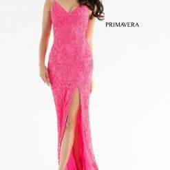 Primavera Couture 3754 Prom Dress Sequins V Neckline Evening Gown Backless Slit Train