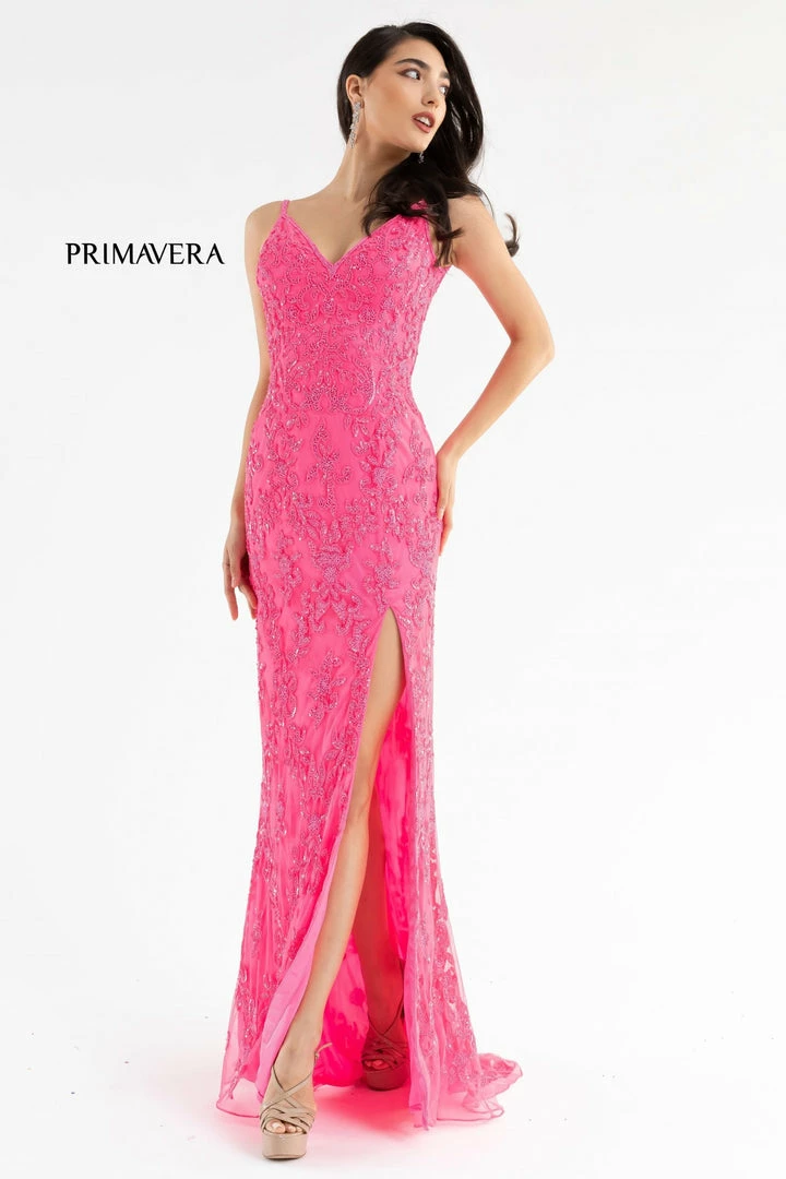 In Stock Primavera Couture 3754 Size 4 Fuchsia Prom Dress Sequins V Neckline Evening Gown Backless Slit Train 5 In Stock Primavera Couture 3754 Size 4 Fuchsia Prom Dress Sequins V Neckline Evening Gown Backless Slit Train