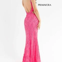 In Stock Primavera Couture 3754 Size 4 Fuchsia Prom Dress Sequins V Neckline Evening Gown Backless Slit Train 32 In Stock Primavera Couture 3754 Size 4 Fuchsia Prom Dress Sequins V Neckline Evening Gown Backless Slit Train