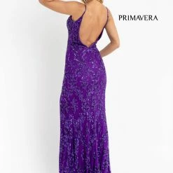 Primavera Couture 3754 Prom Dress Sequins V Neckline Evening Gown Backless Slit Train