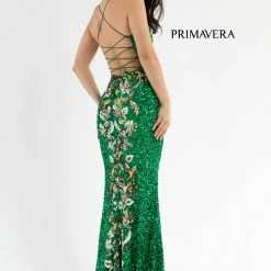 Primavera Couture 3755 Prom Dress Sequined Floral Pattern V Neckline Slit Train Evening Gown