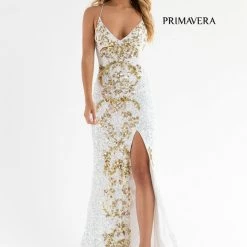 Primavera Couture 3755 Prom Dress Sequined Floral Pattern V Neckline Slit Train Evening Gown