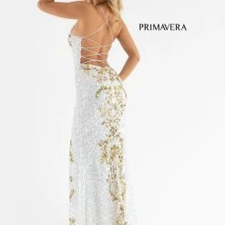 Primavera Couture 3755 Prom Dress Sequined Floral Pattern V Neckline Slit Train Evening Gown