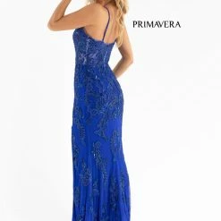 Sequin Dresses Primavera Couture 3756 Beaded Prom Dress V Neckline High Back Evening Gown Slit Train