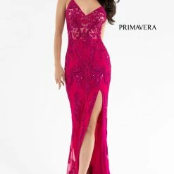 Sequin Dresses Primavera Couture 3756 Beaded Prom Dress V Neckline High Back Evening Gown Slit Train