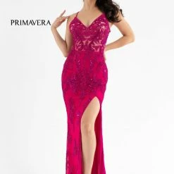 Sequin Dresses Primavera Couture 3756 Beaded Prom Dress V Neckline High Back Evening Gown Slit Train