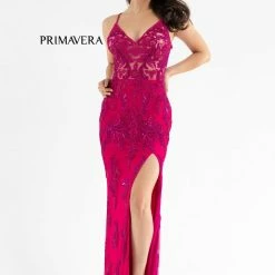 Sequin Dresses Primavera Couture 3756 Beaded Prom Dress V Neckline High Back Evening Gown Slit Train
