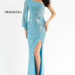 Sequin Dresses Primavera Couture 3757 One Shoulder Cuff Sleeve Sequined Prom Dress Evening Gown