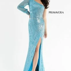 Sequin Dresses Primavera Couture 3757 One Shoulder Cuff Sleeve Sequined Prom Dress Evening Gown