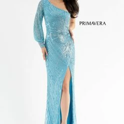Sequin Dresses Primavera Couture 3757 One Shoulder Cuff Sleeve Sequined Prom Dress Evening Gown