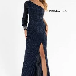 Sequin Dresses Primavera Couture 3757 One Shoulder Cuff Sleeve Sequined Prom Dress Evening Gown