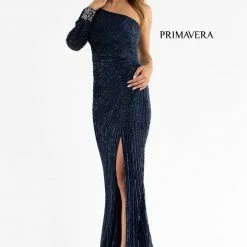 Sequin Dresses Primavera Couture 3757 One Shoulder Cuff Sleeve Sequined Prom Dress Evening Gown