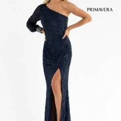 Sequin Dresses Primavera Couture 3757 One Shoulder Cuff Sleeve Sequined Prom Dress Evening Gown