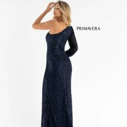Sequin Dresses Primavera Couture 3757 One Shoulder Cuff Sleeve Sequined Prom Dress Evening Gown