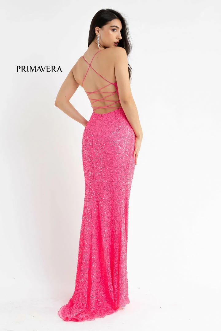 Primavera Couture 3758 Scoop Neckline Prom Dress Sequined Detailed Slit Lace Up Tie Back 4 Primavera Couture 3758 Scoop Neckline Prom Dress Sequined Detailed Slit Lace Up Tie Back