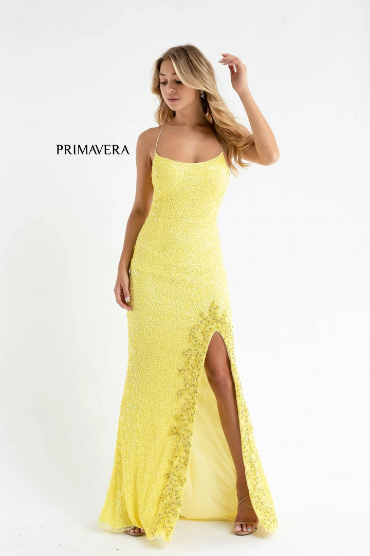Primavera Couture 3758 Scoop Neckline Prom Dress Sequined Detailed Slit Lace Up Tie Back 9 Primavera Couture 3758 Scoop Neckline Prom Dress Sequined Detailed Slit Lace Up Tie Back