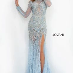 Backless Dresses Jovani 37580 Sheer Embellished Pageant Dress Long Sleeve Feather Slit Gown Formal
