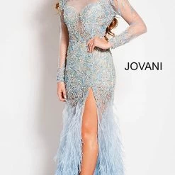 Backless Dresses Jovani 37580 Sheer Embellished Pageant Dress Long Sleeve Feather Slit Gown Formal